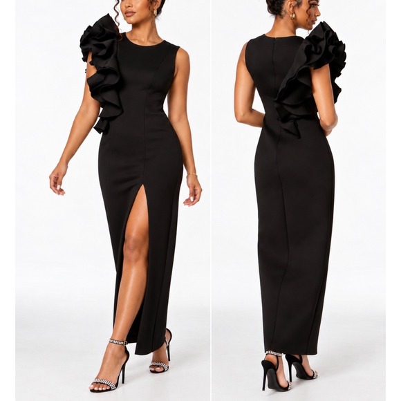 Betsy & Adam Dresses & Skirts - Betsy & Adam Black Scuba Ruffle Shoulder Maxi Dress Side Slit Size 2 Formal Gown